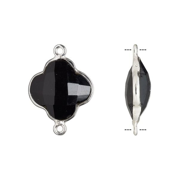 Link, black onyx (dyed) and sterling silver, black, 16-17mm hand-cut double-sided faceted clover. Sold individually. image number 0