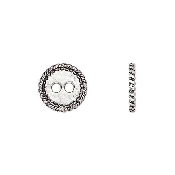 Button, antique silver-plated "pewter" (zinc-based alloy), 12.5mm double-sided flat round with rope edge. Sold per pkg of 50. image number 0