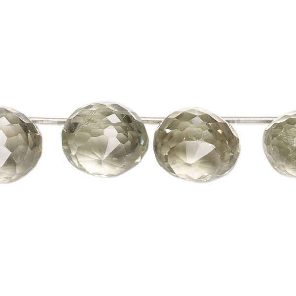 Bead, green quartz (heated), 11x9mm-13x12mm hand-cut top-drilled faceted teardrop with 0.4-1.4mm hole, B+ grade, Mohs hardness 7. Sold per pkg of 14. image number 0