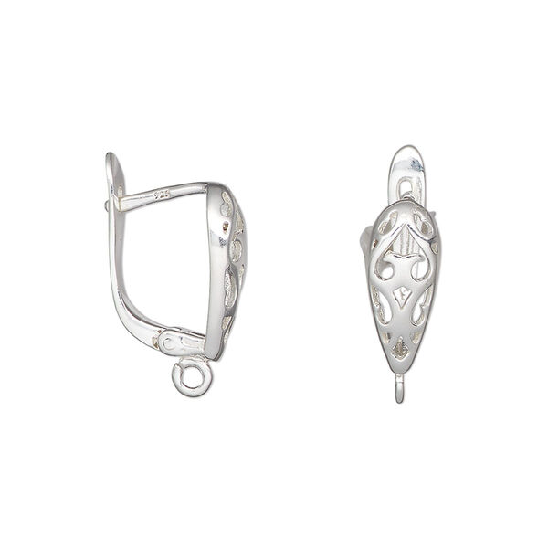 Ear wire, sterling silver, 17mm leverback with filigree leaf and open loop, 16 gauge. Sold per pair. image number 0