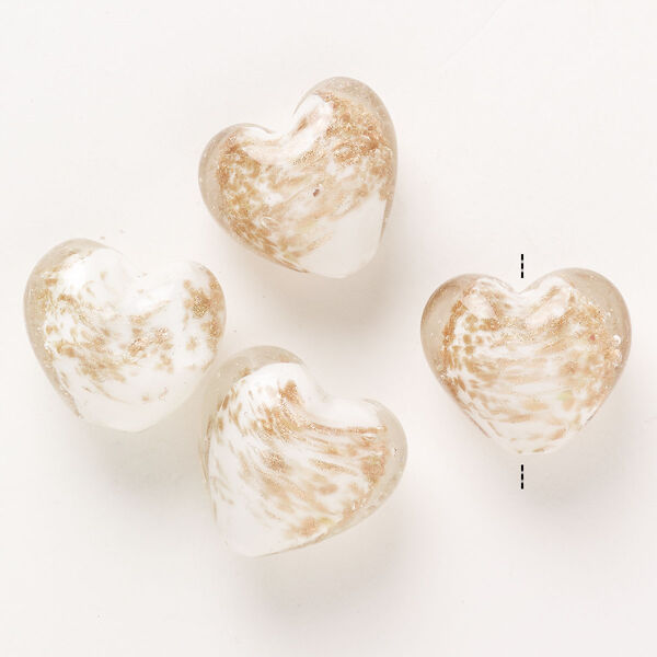 Bead, lampworked glass, pkg/4, opaque and translucent clear and white with copper-colored glitter, 28x25mm-29x27mm puffed heart. image number 0