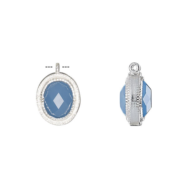 Drop, chalcedony (dyed) and sterling silver, blue, 13x11mm double-sided faceted oval. Sold individually. image number 0