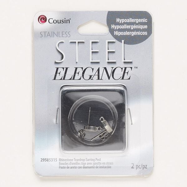Earstud 1pkg2, 8x6mm teardrop / rope design / open loop / earnuts, stainless steel / glass rhinestone 1 pair image number 0