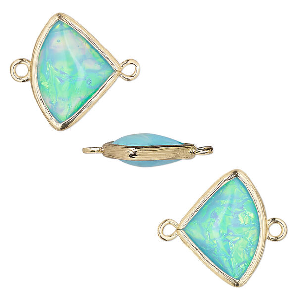 Link, Opalized Ice™, "opal" (resin) and gold-finished brass, light blue, 19x15mm double-sided fan. Sold per pkg of 4. image number 0