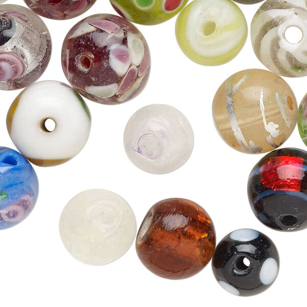 Bead mix, lampworked glass, opaque and translucent multicolored with silver-colored foil and copper-colored glitter, 5-12mm round. Sold per 4-ounce pkg, approximately 60 beads. image number 0