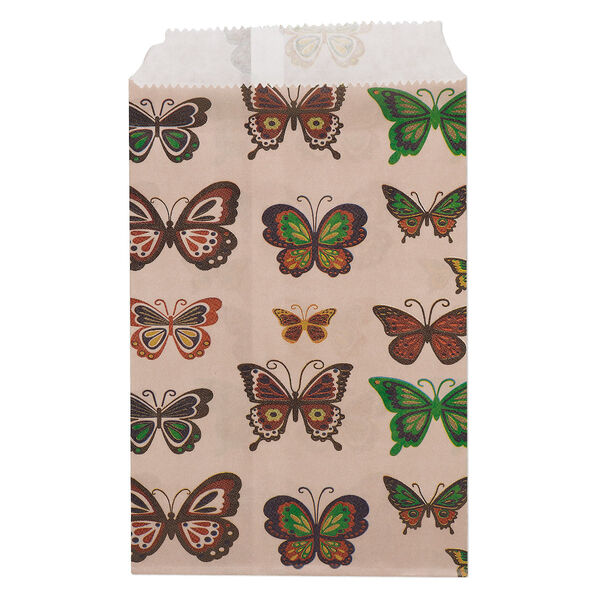 Bag, paper, multicolored, 6x4 inches with butterfly design and scalloped top edge. Sold per pkg of 100. image number 0