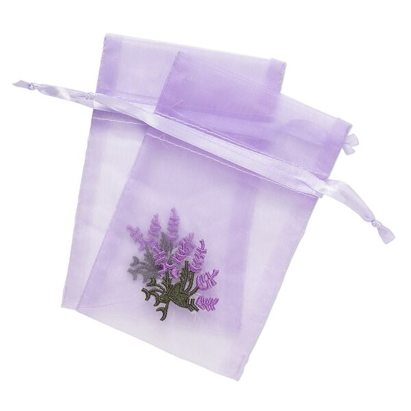 Pouch, satin and organza, purple and green, 6x4-inch rectangle with embroidered lavender and drawstring closure. Sold per pkg of 2. image number 0