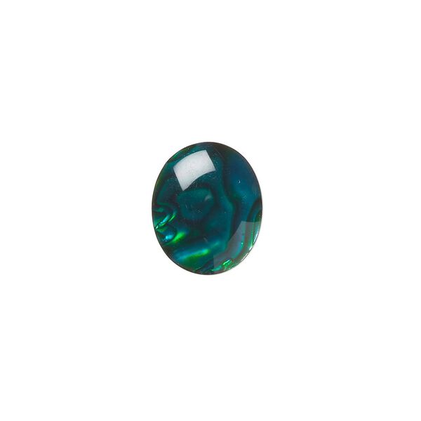 Cabochon, paua shell (coated / dyed), green, 12x10mm calibrated oval, Mohs hardness 3-1/2. Sold per pkg of 6. image number 0