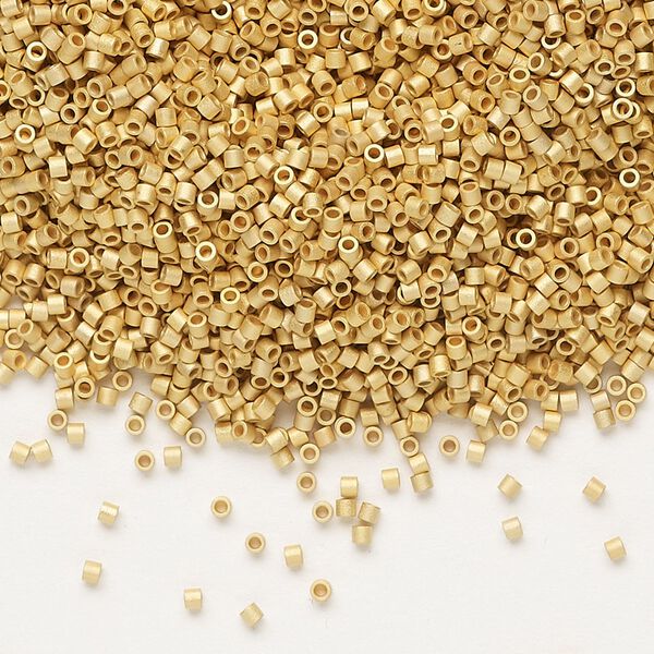 Seed bead, Delica®, glass, pkg/4g, #15 round, opaque 24Kt gold-plated matte (DBS-0331). image number 0