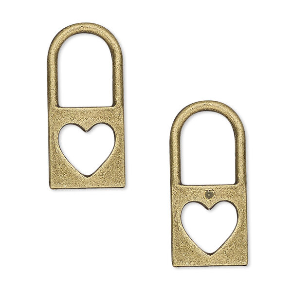 Charm, antique brass-plated "pewter" (zinc-based alloy), 25x12mm two-sided padlock with heart cutout. Sold per pkg of 10. image number 0