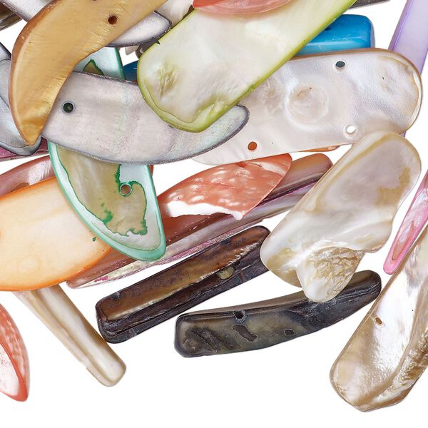 Bead mix, spacer, 2-strand, mother-of-pearl shell (bleached/dyed), mixed colors, 25x5mm-67x20mm mixed shapes, fits up to 20mm beads, Mohs hardness 3-1/2. Sold per 4-ounce pkg, approximately 50 beads. image number 0