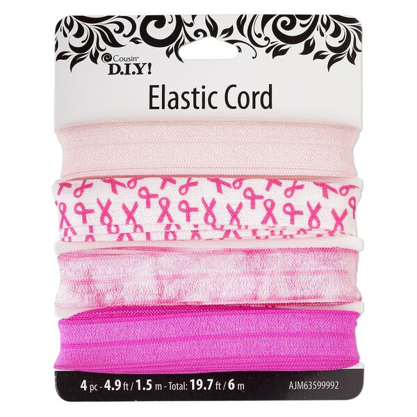 Cord, elastic, multi-pink, 15mm flat with Breast Cancer Awareness theme. Sold per pkg of (4) 1.5 meter sections. image number 0
