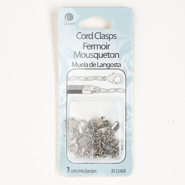 Clasp, lobster claw, silver-finished "pewter" (zinc-based alloy) and steel, 10x6mm with fold-over crimp ends and extender chain. Sold per pkg of 3. image number 0