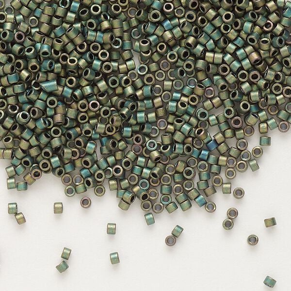 Seed bead, Delica®, glass, pkg/7.5g, #11 round, opaque matte metallic iris green patina (DB-0324). image number 0