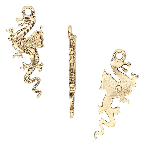 Charm, antique gold-plated pewter (tin-based alloy), 25x11mm dragon. Sold per pkg of 4. image number 0