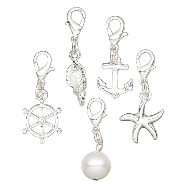 Charm and drop, Charmed, glass and silver-finished "pewter" (zinc-based alloy), white, 10mm-15x14mm assorted nautical theme with 6mm jump ring and lobster claw clasp. Sold per 5-piece set. image number 0