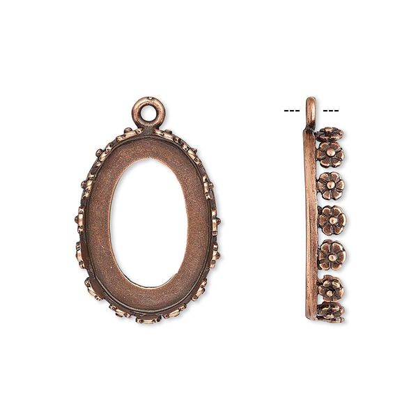 Drop, JBB Findings, antique copper-plated brass, 20x15mm oval with open back and flower design trim, 18x13mm oval bezel setting. Sold per pkg of 2. image number 0