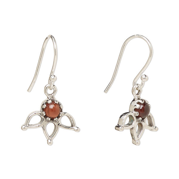 Ear wire, Create Compliments®, antiqued sterling silver and garnet (natural), fishhook, 27mm with 14.5 x 12.5mm single-sided open 3-teardrop, 21 gauge. Sold per pair. image number 0