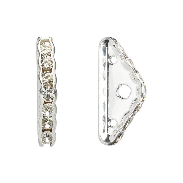 Spacer, glass rhinestone and silver-plated brass, crystal, 22x3.5mm 3-strand triangle bridge, fits up to 7mm bead. Sold per pkg of 10. image number 0