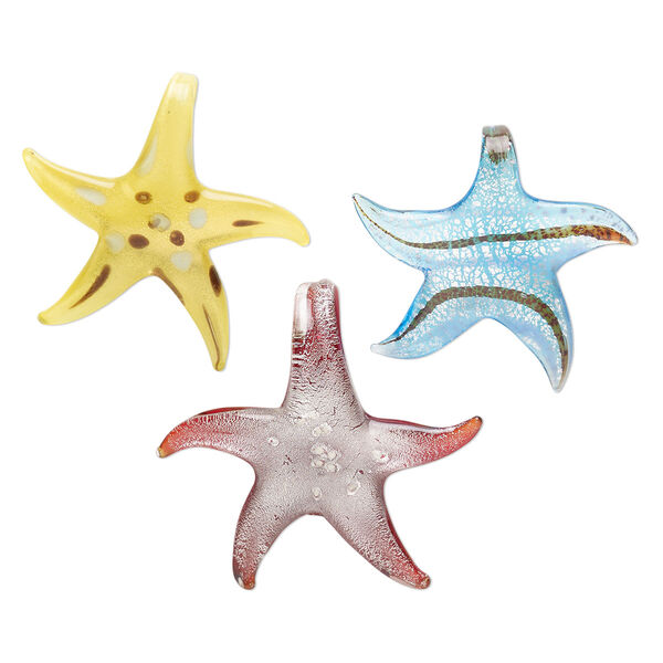 Random focal mix, lampworked glass, pkg/3, opaque mixed colors with silver-colored foil and copper-colored glitter, 48x45-55x50mm starfish. image number 0