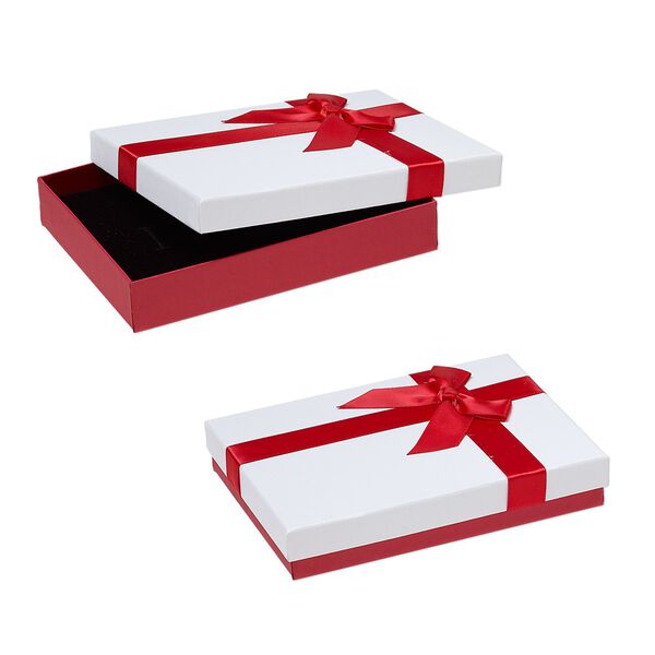 Gift box, cardboard / paper / velveteen / nylon, red shimmer / white / black, 1 x 4-1/2 x 6-inch rectangle with ribbon and bow. Sold per pkg of 12. image number 0