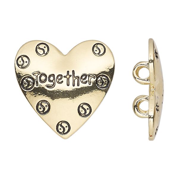 Spacer, gold-finished "pewter" (zinc-based alloy), 25x24mm 2-strand heart with yin-yang design and "Together" with hidden loops, fits up to 6mm bead. Sold individually. image number 0