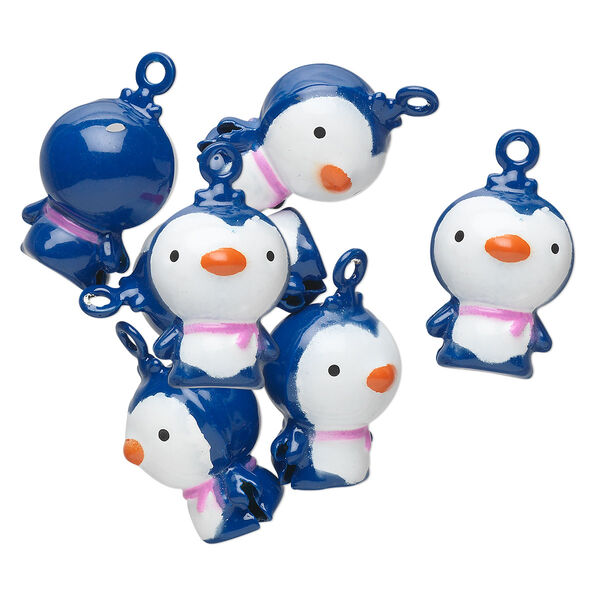 Bell, brass and enamel, multicolored, 21x15mm penguin with clapper. Sold per pkg of 6. image number 0