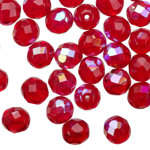 Bead 1pkg50 Czech fire-polished glass, 8mm faceted round, translucent light red AB image number 0