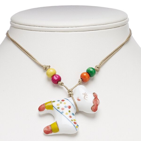 Necklace, painted wood / porcelain / waxed cotton cord, multicolored, 50x45mm sheep, adjustable from 16-30 inches with macramé knot closure. Sold individually. image number 0