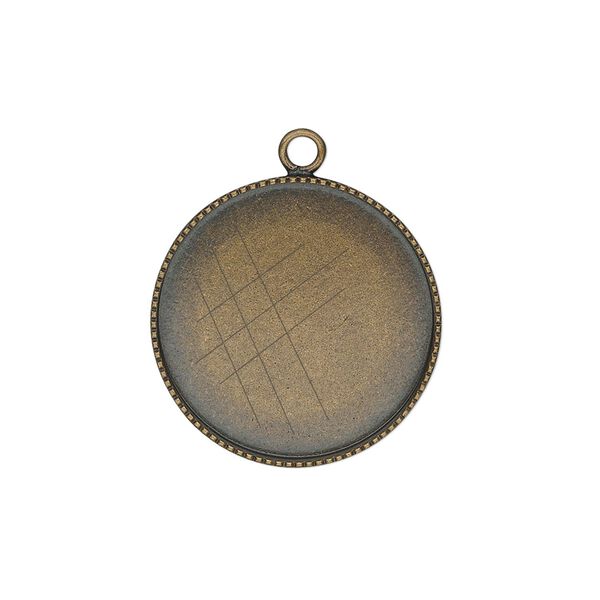 Drop, antiqued brass, 21mm round with beaded edge and 20mm round bezel cup setting. Sold per pkg of 2. image number 0