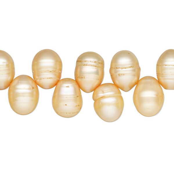 Pearl, cultured freshwater pearl (dyed), apricot, 10x7mm-12x8mm top-drilled teardrop , D grade, Mohs hardness 2-1/2 to 4. Sold per 15" strand, approximately 70 beads. image number 0