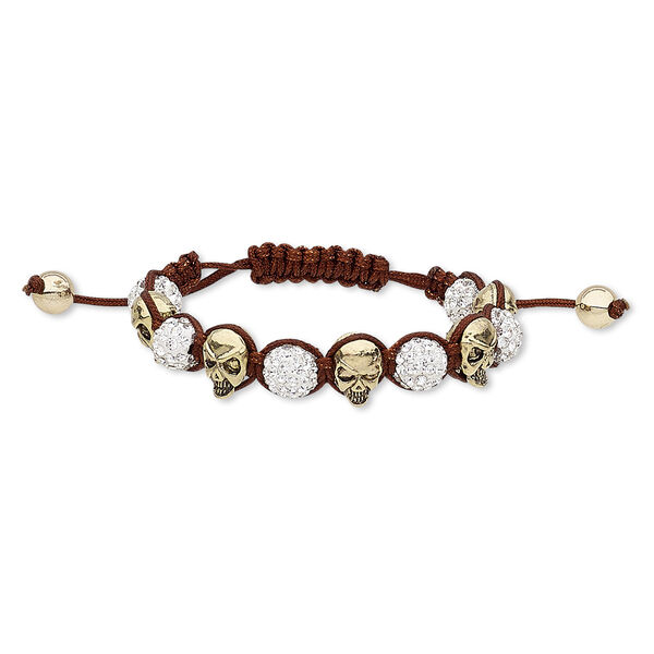 Bracelet, glass rhinestone / nylon / polymer clay / gold- / antique gold-finished "pewter" (zinc-based alloy), brown / white / clear, 10mm round and 13x9mm skull, adjustable from 5-1/2 to 9 inches with macramé knot closure. Sold individually. image number 0
