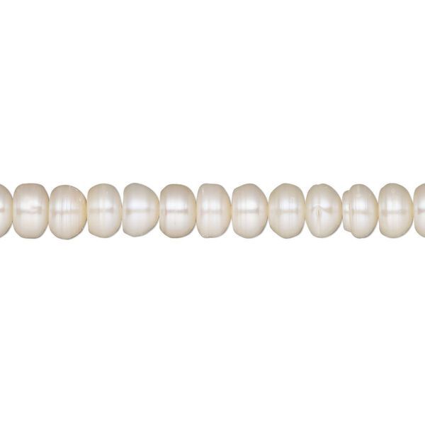 Pearl, cultured freshwater (bleached), white, 5-7mm button, C+ grade, Mohs hardness 2-1/2 to 4. Sold per 14-inch strand. image number 0