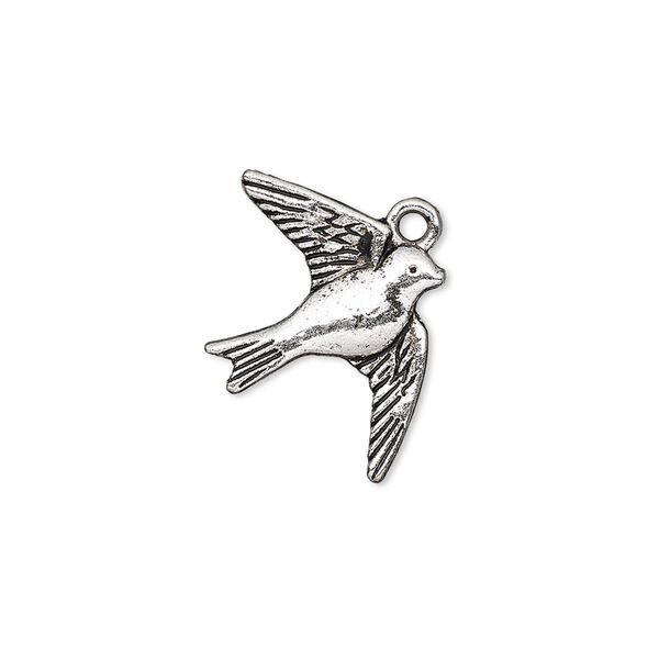 Charm, antique silver-plated "pewter" (zinc-based alloy), 23x18mm single-sided flying swallow. Sold per pkg of 20. image number 0