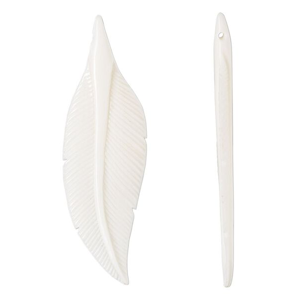 Focal, bone (bleached), white, 66x19mm hand-carved side-drilled double-sided feather, Mohs hardness 2-1/2. Sold per pkg of 2. image number 0