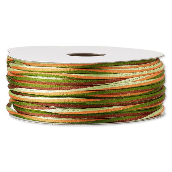 Cord, Satinique™, nylon, brown / greens / orange, 2mm regular with vertical stripe. Sold per 100-foot spool. image number 0