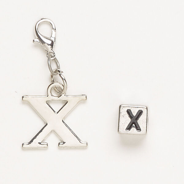 Charm, "pewter" (zinc-based alloy)/steel/enamel, pkg/2, antique silver finish and black, 16x13mm "X" with lobster claw clasp and 7mm cube with "X". image number 0