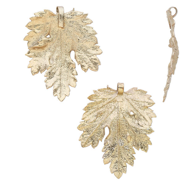 Pendant, gold-finished tin and natural leaf, 27x17mm-47x37mm chrysanthemum. Sold per pkg of 2. image number 0