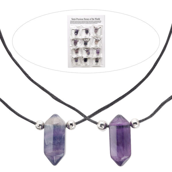 Purple fluorite / steel / waxed cotton 12pkg16, double point necklace natural 16 inch / 2.5 inch extender chain / lobster claw clasp 28x13mm-33x15mm image number 0