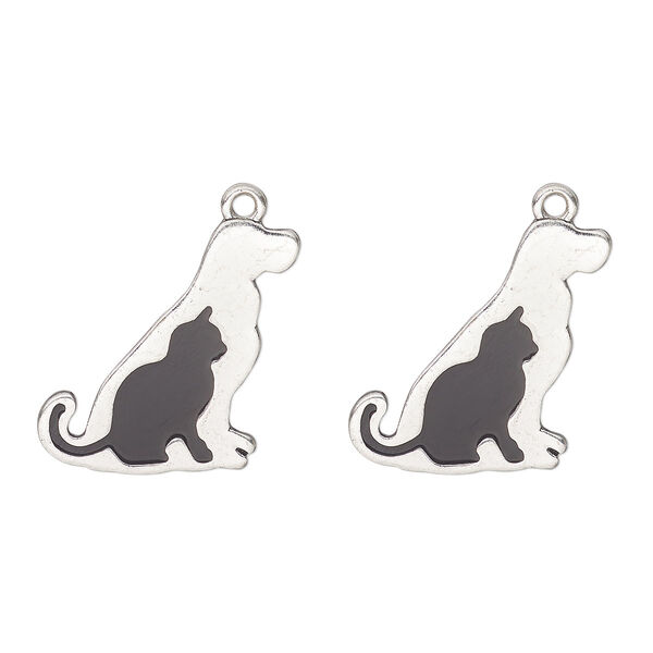 Charm, antique silver-finished "pewter" (zinc-based alloy) and enamel, black, 24x23mm single-sided dog with cat. Sold per pkg of 2. image number 0