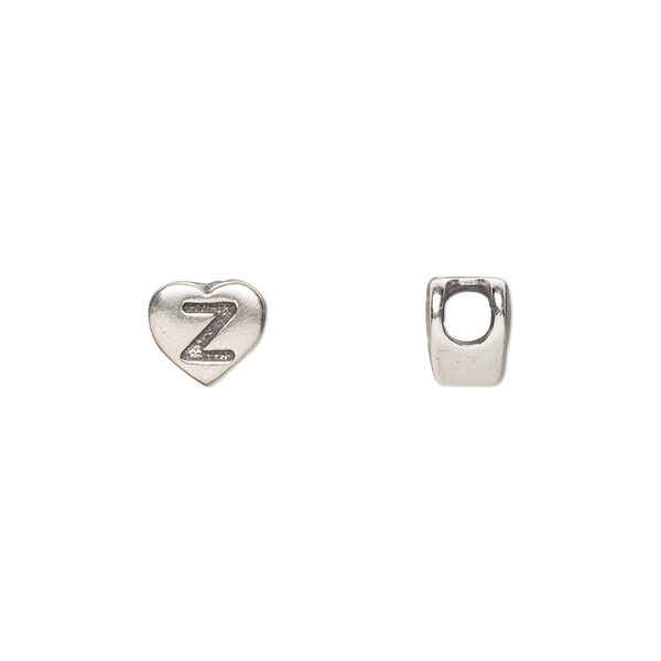 Bead, sterling silver, 7.5x7mm heart with alphabet letter "Z." Sold individually. image number 0