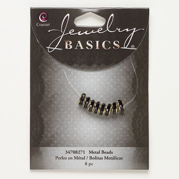 Bead, gold-finished "pewter" (zinc-based alloy) and glass, opaque black, 7x3mm rondelle. Sold per pkg of 8. image number 0