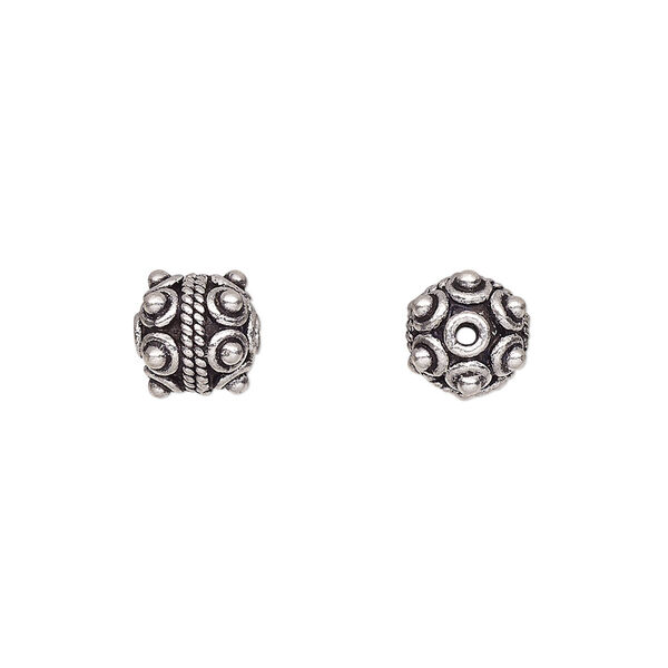 Bead, antiqued sterling silver, 8mm beaded round with scroll design. Sold per pkg of 3. image number 0