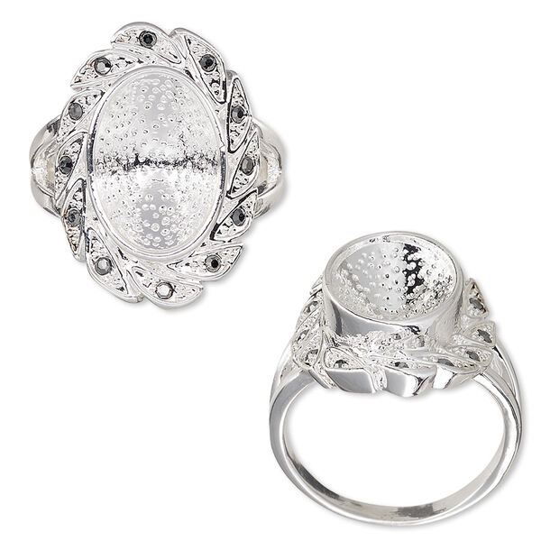 Ring, Almost Instant Jewelry®, glass rhinestone and silver-plated "pewter" (zinc-based alloy), grey, 23.5mm wide with leaf design and 14x10mm oval setting, size 8. Sold individually. image number 0
