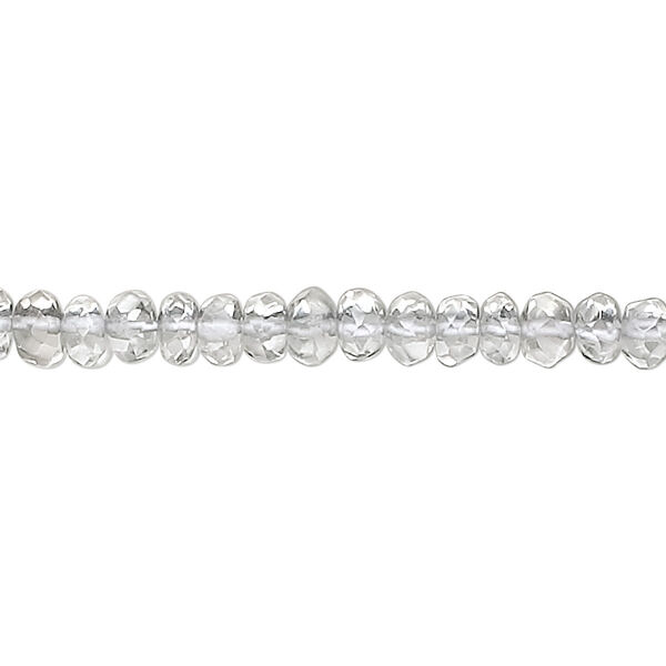 Bead, quartz crystal (natural), 5x3mm hand-cut faceted rondelle, B grade, Mohs hardness 7. Sold per 15-1/2" to 16" strand. image number 0