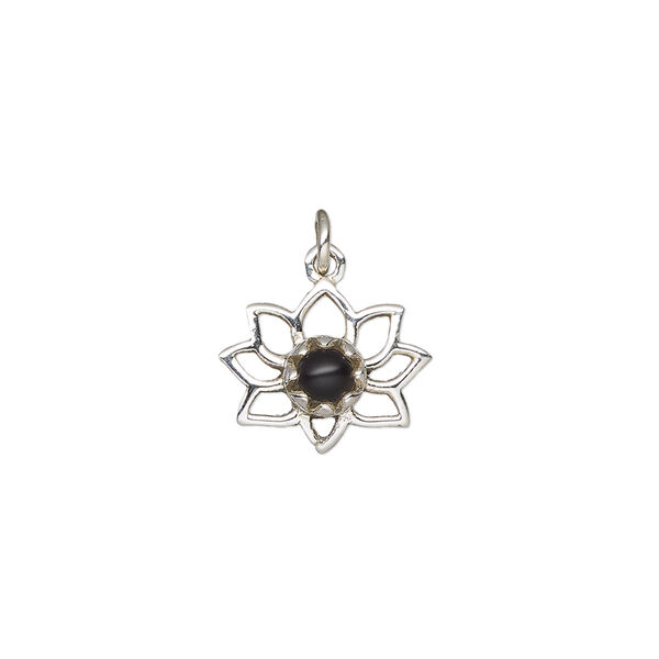 Black onyx / sterling silver 1pkg1, antiqued open lotus drop 14.5x12mm image number 0