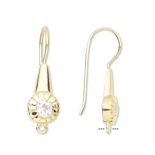 Ear wire, quartz crystal (natural) and gold-finished brass, 28mm fishhook with lines design and closed loop, 20 gauge. Sold per pair. image number 0