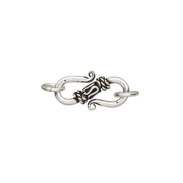 Clasp, S-hook, antiqued sterling silver, 19x9mm with scroll and rope design with 2 jump rings. Sold individually. image number 0