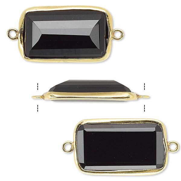 Link, black onyx (dyed) and gold-finished sterling silver, 22x13mm two-sided faceted rectangle. Sold per pkg of 2. image number 0