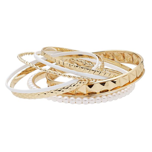 Bracelet, bangle, enamel / acrylic / acrylic pearl / gold-finished steel, white, 2.5-10mm wide, 8 inches. Sold per 7-piece set. image number 0
